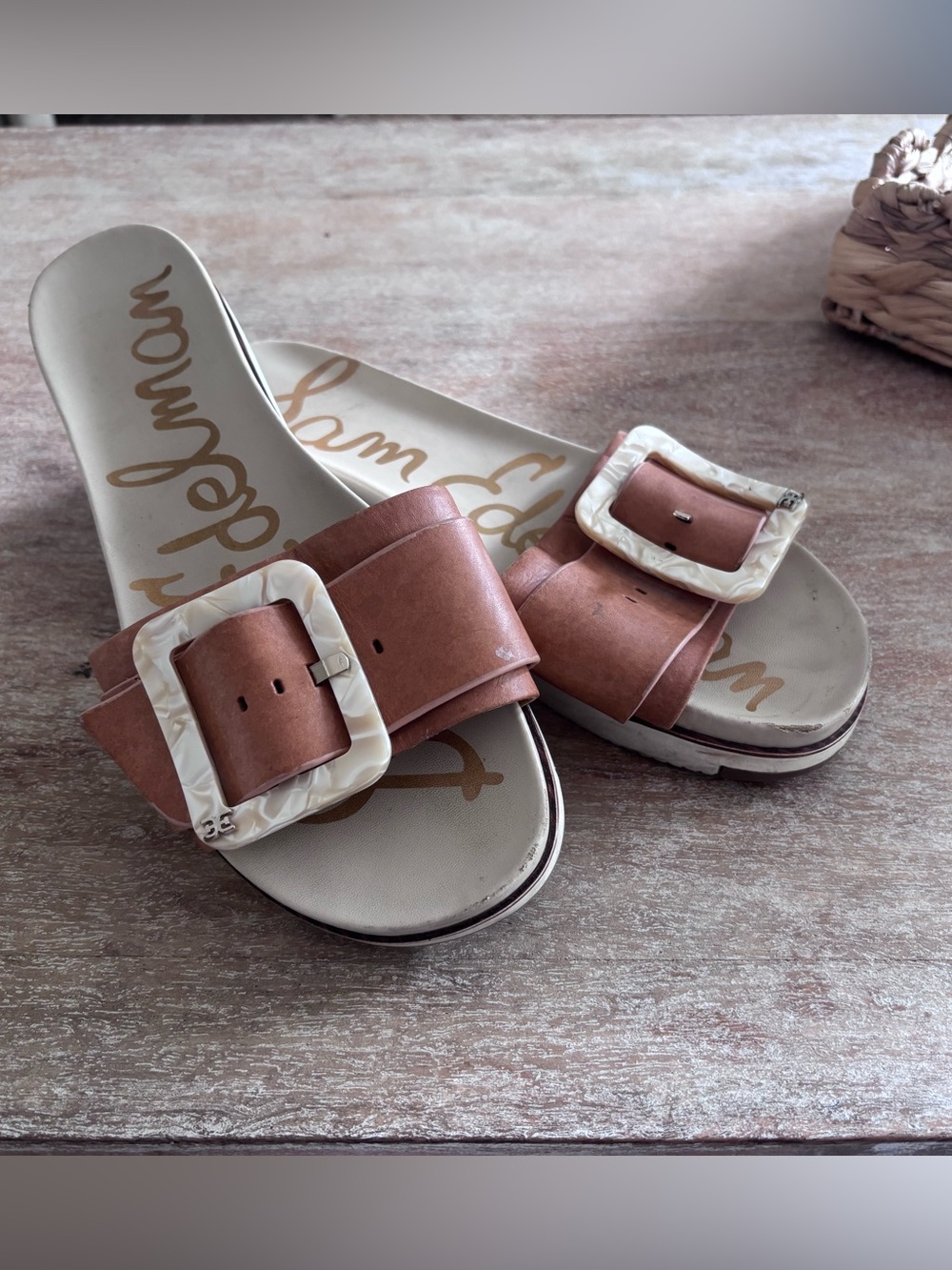 Sam Edelman Tan Leather Slide Sandals with Pearl-Look Buckles
